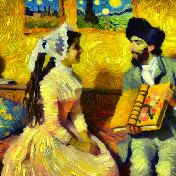 Romantische scène van een man en vrouw met een boek Een romantische scène waarin een man een prachtig verpakt boek overhandigt aan een vrouw die vol genegenheid naar hem kijkt.