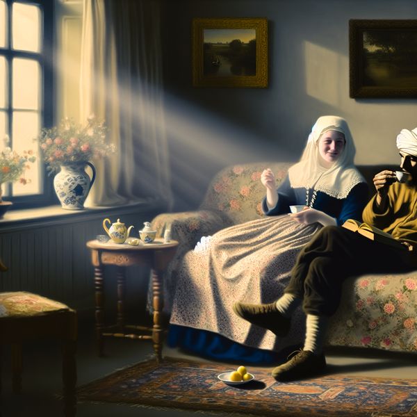 Romantische woonkamer scène met stel op vintage sofa Een stel zit samen op een vintage sofa in een gezellige woonkamer, met zacht licht dat door het venster komt.