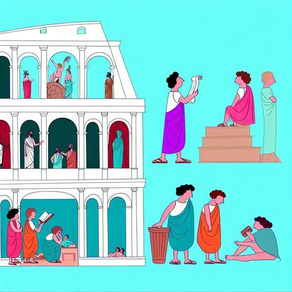 Illustratie van Romeinse architectuur met toga draagsters Een levendige illustratie van de Colosseum met mensen in toga’s die lezen en discussiëren, in een minimalistische stijl.