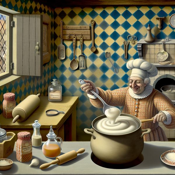 Een vrolijke chef die een pan met romige saus roert en room toevoegt uit een glazen kan in een nostalgische keuken.