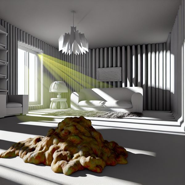 Een hyper-realistisch beeld van een rommelige woonkamer met een opvallende stapel kattenbraaksel op de vloer.