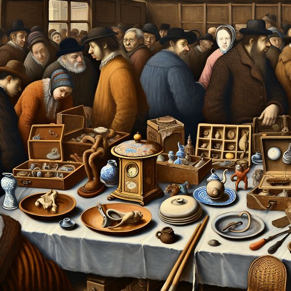 Woonmarkt met ongebruikelijke voorwerpen Een rommelmarkttafel vol ongebruikelijke en vreemde voorwerpen zoals een kapotte klok, mismatched servies en vergeelde speelgoedjes, met een gebroken porseleinen beeldje op de voorgrond.