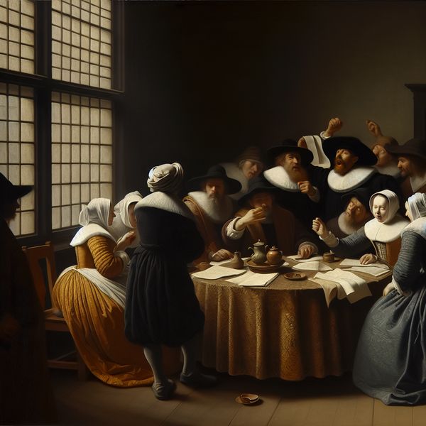 17e-eeuwse discussie over onderwerp aan ronde houten tafel Een sfeervol interieur met een ronde houten tafel en elegant geklede mensen die een levendige discussie voeren.