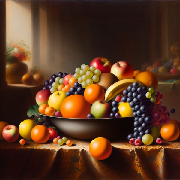 Een prachtig stilleven met een ronde schaal vol kleurrijke vruchten zoals sinaasappels, appels, bananen en druiven op een rijkelijk getextureerde tafel.