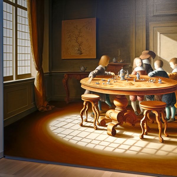 Een elegant ingericht interieur met een ronde tafel en kinderen die veilig spelen.