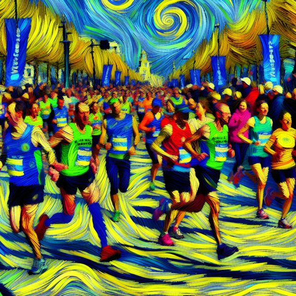 Vibrante marathon in Rotterdam met renners en toeschouwers in Van Gogh-stijl, benadrukt beweging en gezamenlijke inspanning