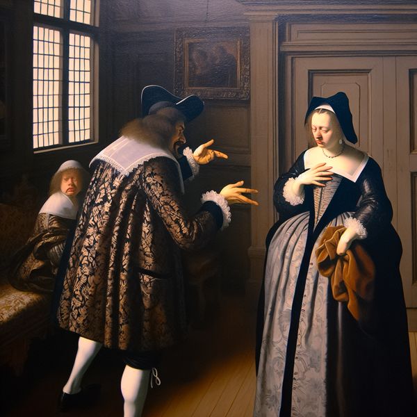 Rotzak betekenis: onaardig gedrag in 17e-eeuws schilderij van Ter Borch stijl 17e-eeuws Nederlands schilderij van een onaardige man die zich afwendt van een verdrietige vrouw, symboliserend een rotzak of gemeen persoon