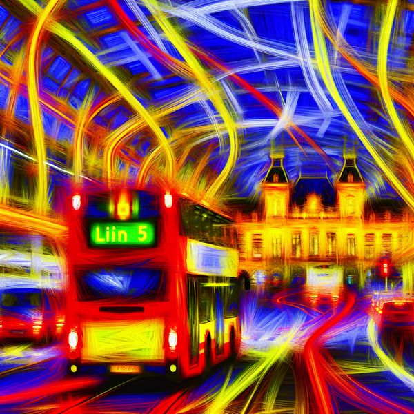 Abstract expressionistisch schilderij van een drukke stadsvervoersknooppunt met bus lijn 5 en treinverbindingen, dynamische penseelstreken en levendige kleuren