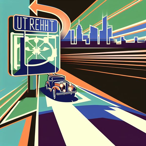 Route leren via Utrecht naar Amsterdam - Taal en reis metafoor illustratie Retro-futuristische illustratie van een auto op een weg met een bord 'Utrecht' richting Amsterdam, symboliserend een route of tussenstap