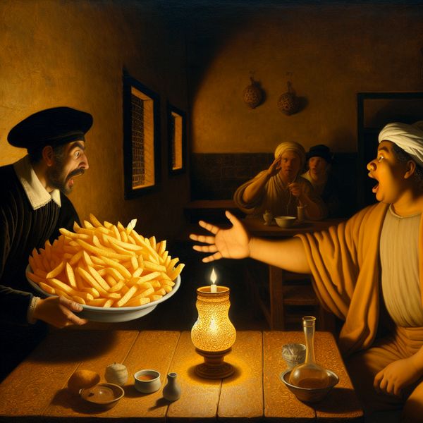 Royale toevoeging frieten in historische taverne - Nederlandse taal leren 17e-eeuwse Nederlandse taverne met serveerster die een overvolle portie gouden frieten presenteert aan verbaasde klant, ter illustratie van een royale toevoeging
