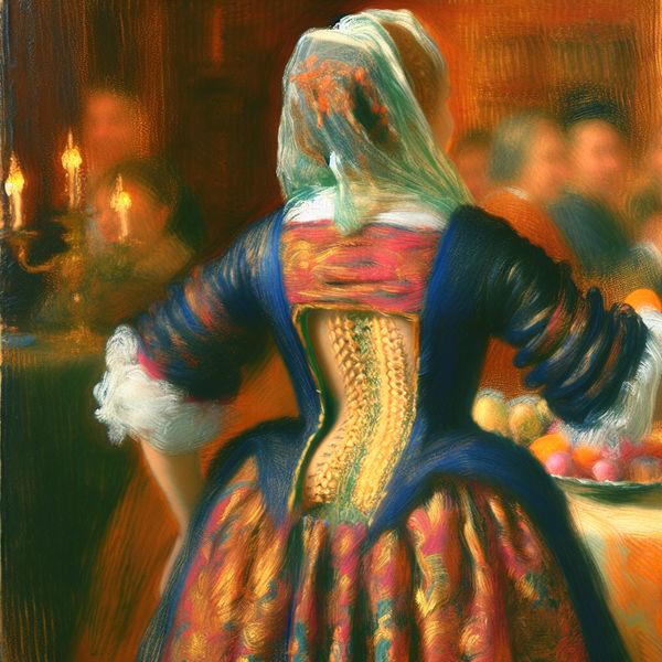 Vrouw in elegante jurk met open rugpand op een feestelijke bijeenkomst, geschilderd in de levendige stijl van Frans Hals