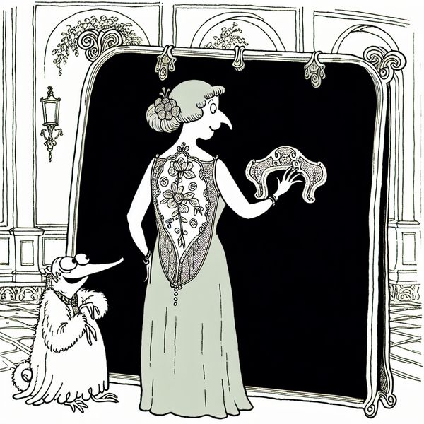 Cartoonillustratie van een elegant geklede figuur met een gedetailleerd rugpand met kant, in de stijl van Marten Toonder