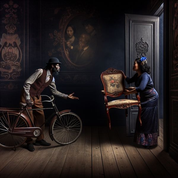 Ruilen van Fiets en Antieke Stoel in Donkere Kamer Een man en een vrouw ruilen een fiets voor een antieke stoel in een duistere, gothic geïnspireerde kamer.