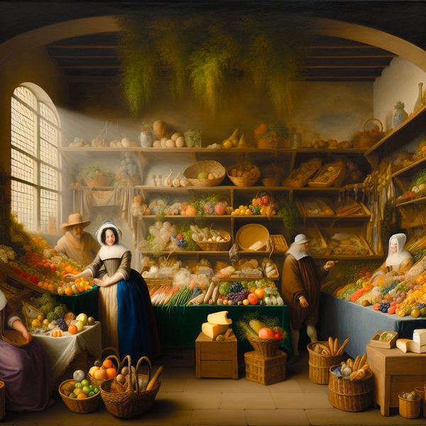 17e-eeuwse Nederlandse marktkraam met ruim aanbod van verse groenten, fruit, kazen en brood in Vermeer-stijl
