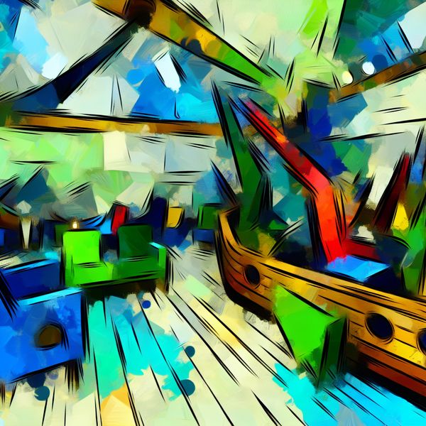Ruime jachtkajuit in abstracte expressieve stijl Abstracte weergave van de ruime binnenkant van een jachtkajuit met levendige kleuren en oversized meubels.