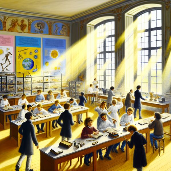 Heldere en ruime klaslokaal met studerende leerlingen die samenwerken en lezen, gevuld met natuurlijk licht van grote ramen