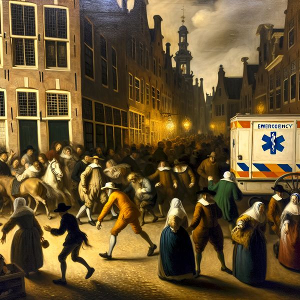 17e-eeuwse Nederlandse straatscene met mensen die ruimte maken voor een paardenambulance, geschilderd in de levendige stijl van Frans Hals