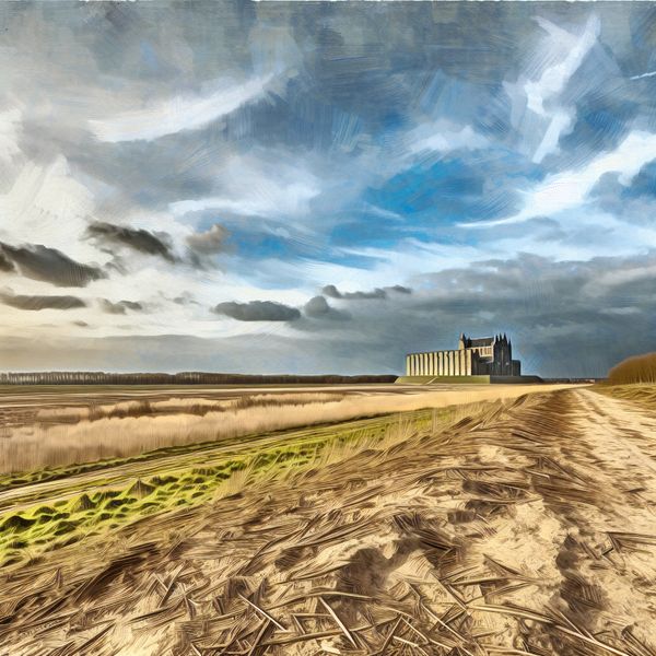 Groots Landschap met Distant Groot Gebouw Landschap met groot gebouw in de verte, geïnspireerd door Jacob van Ruisdael