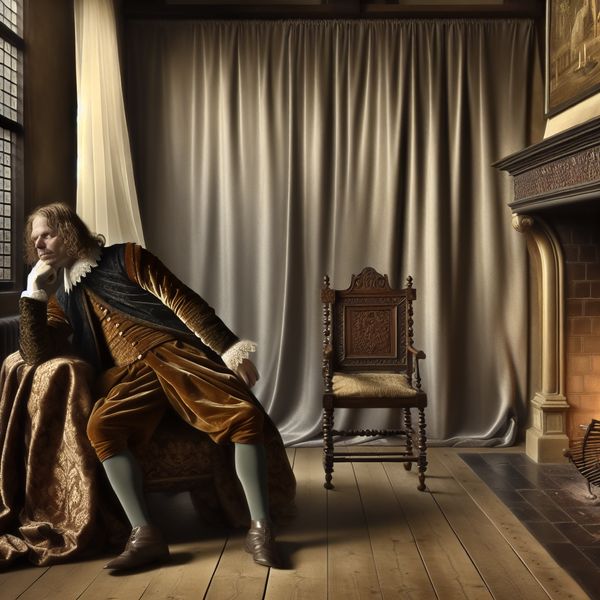 Rusten na inspanning: historische Nederlandse interieurscène met vermoeide reiziger 17e-eeuwse reiziger in Nederlandse kleding rust uit in een elegante stoel bij een haardvuur, serene sfeer