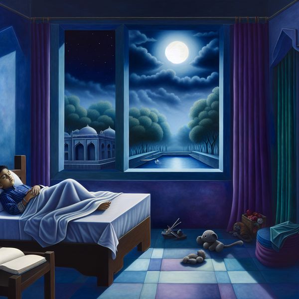 Rustgevende slaapkamer met kind dat slaapt Een kind dat vredig slaapt in een gezellige slaapkamer met blauwe en paarse tinten, omringd door knuffeldieren en een zacht nachtlampje.