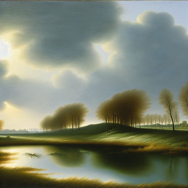 Rustiek Landschap Na de Storm Een serene landschapsweergave van een kalme scène na de storm, met zachte rimpelingen op een vijver en bomen die in de wind bewegen.