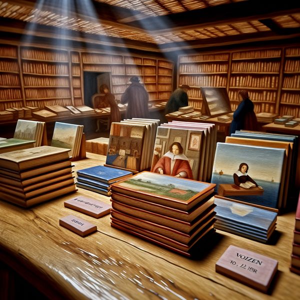 Rustieke boekwinkel met sfeervolle boeken en serene ambiance Charmante boekwinkel met een prachtige, rustieke uitstraling en stapels boeken in gedempte kleuren op een houten tafel