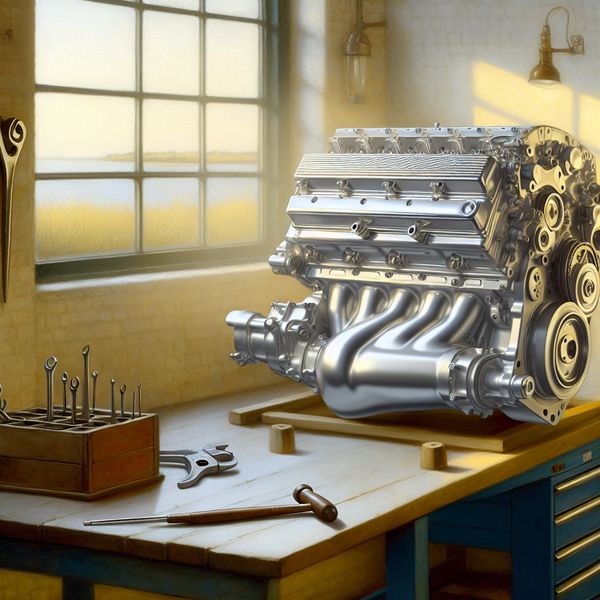 Rustige Werkplaats met Vernieuwde Motor Een gedetailleerde motor op een werkbank in een rustige garagewerkplaats met gereedschap en diffuus zonlicht.