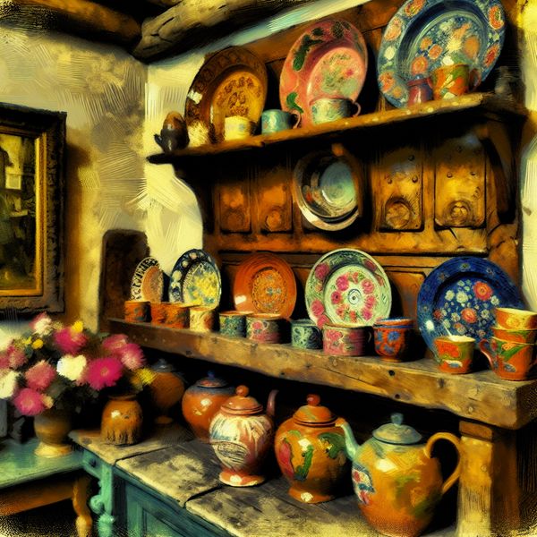 Rustieke kamer met keramische schalen en theekopjes Gezellige, rommelige kamer met een rustieke houten plank vol kleurrijke keramische schalen en theekopjes, versierd met bloemen en kleine snuisterijen.