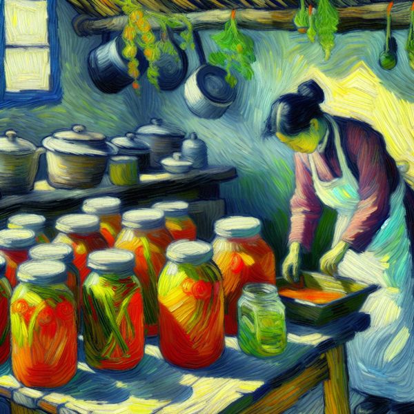 Vrouw aan het inmaken van tomatensaus en groenten in een rustieke keuken, met glazen potten op een houten tafel.