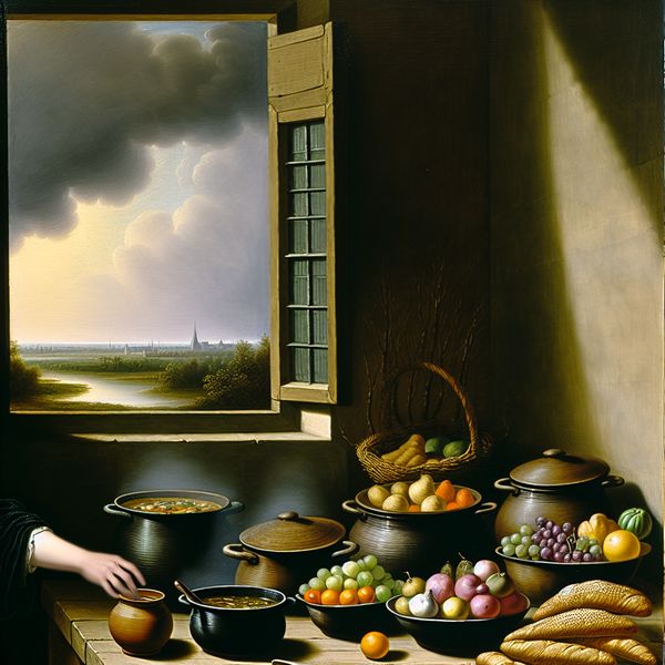 Rustieke keuken met heerlijke lekkernijen Rustieke keuken met een lange houten tafel vol met potten met heerlijke lekkernijen zoals soep en versgebakken brood.