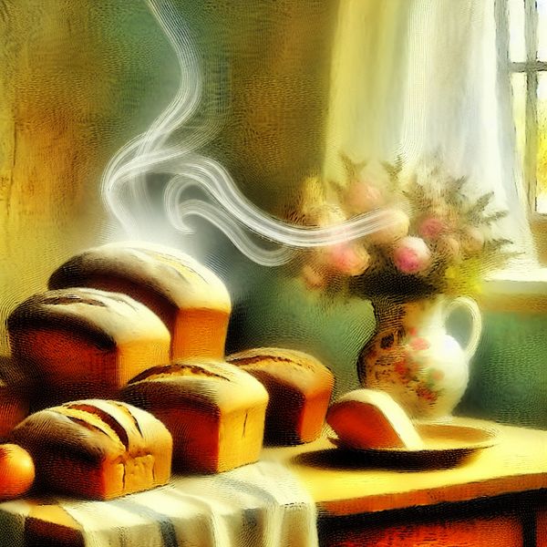 Rustieke keuken met versgebakken brood en stoom, zachte pastelkleuren en bloempotten