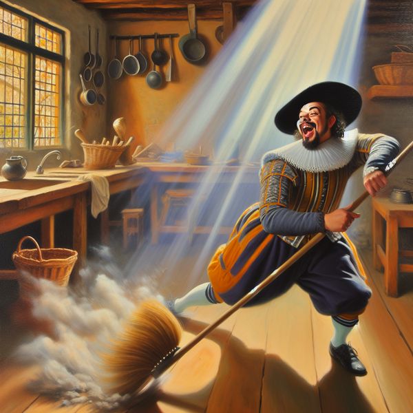 Schoonmaken in een rustieke keuken met een grote borstel Vrolijke persoon in een rustieke keuken die met een grote borstel de houten vloer schoonmaakt