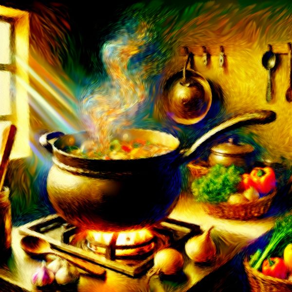 Rustieke kookpot met soep en verse ingrediënten Een landelijke kookpot met dampende soep op een fornuis, omringd door verse ingrediënten zoals groenten en kruiden.