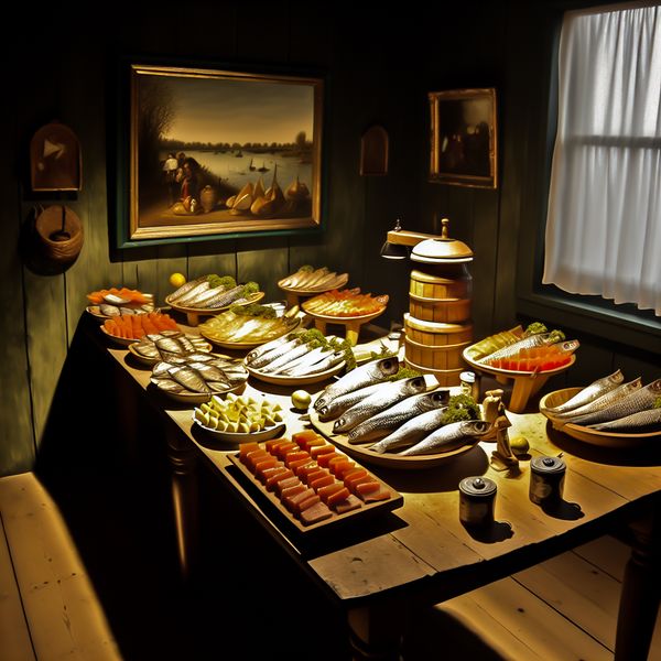 Rustieke tafel met gezouten visdelicatessen Stijlvolle gedekte tafel in een rustieke keuken met diverse gezouten visspecialiteiten op schalen.