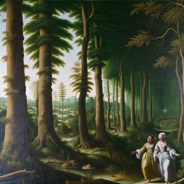Een rustig boslandschap met een stel dat hand in hand wandelt tussen hoge bomen en dicht ondergroen.