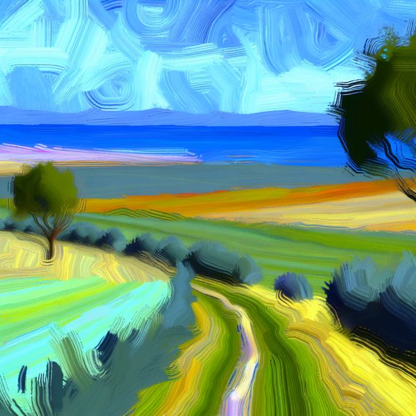 Rustig Abstracte Schilderij van een Buitenlandschap Abstract expressionistische schilderij van een serene buitenomgeving met een kronkelig pad en weelderige groene omgeving.