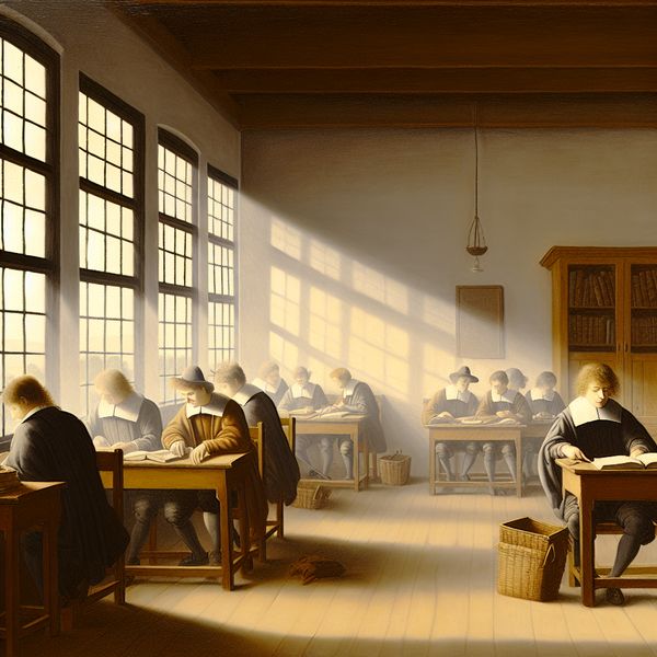 Rustig Klassikaal Met Studenten in Gesprek Klaslokaal met studenten die betrokken in gesprek zijn, verlicht door zonlicht door zachte ramen.