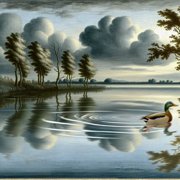 Een rustige schilderachtige landschapsweergave van een eend die over een kalm, reflecterend meer glijdt.