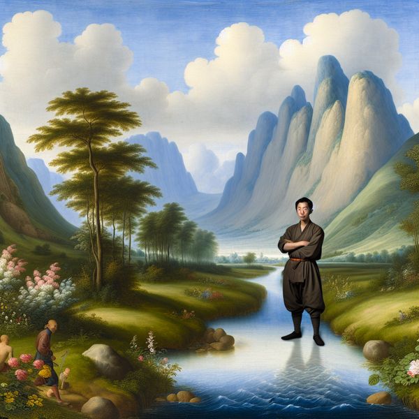Rustig Landschap met Rivier en Bergen voor Taalvaardigheid Landschapsbeeld met een rustige rivier, een alleenstaande figuur en indrukwekkende bergen onder een blauwe lucht en witte wolken.