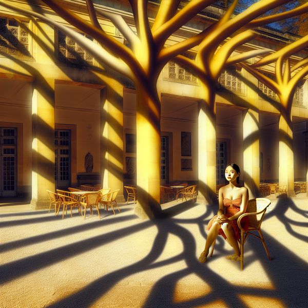 Vrouw geniet in stilte van een rustig moment op een zonnig caféterras omringd door geometrische bomen en klassieke architectuur