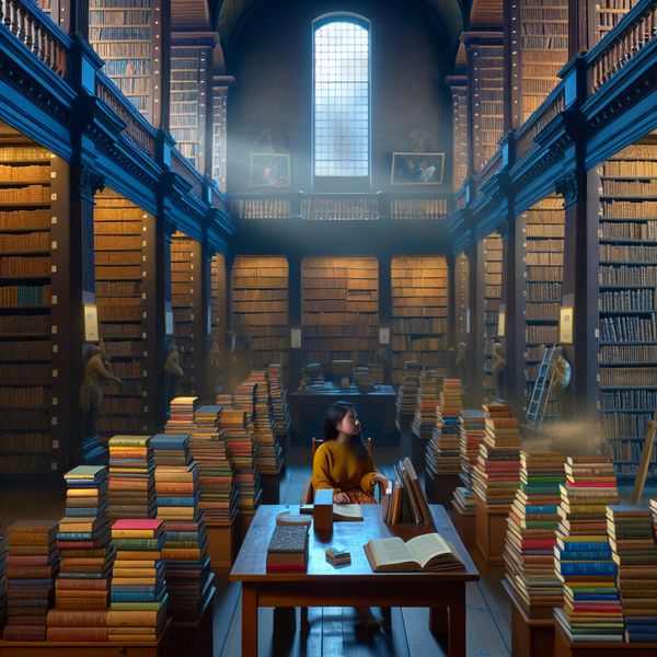 Een jonge vrouw zit aan een houten tafel in een rustige bibliotheek, omringd door een enorme verzameling boeken met kleurrijke covers.