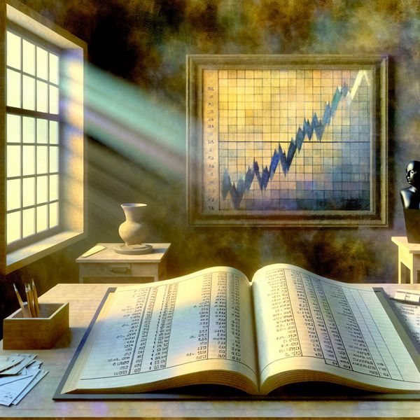 Rustige Binnenkamer met Financiële Informatie en Reflectie Binnenkamer geïnspireerd door Johannes Vermeer met een tafel, financiële krant en een persoon die naar buiten kijkt.