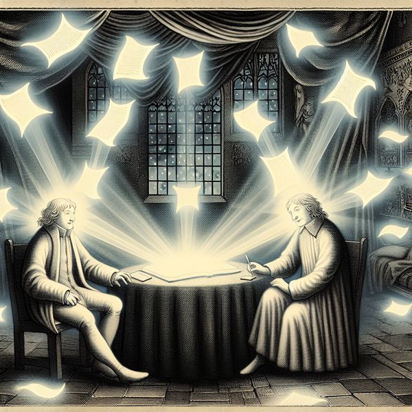 Twee mensen zitten aan een tafel en discussiëren, omringd door zwevende, gloeiende papieren die problemen voorstellen, met ontspannen gezichten in een mysterieuze, sfeervolle kamer.
