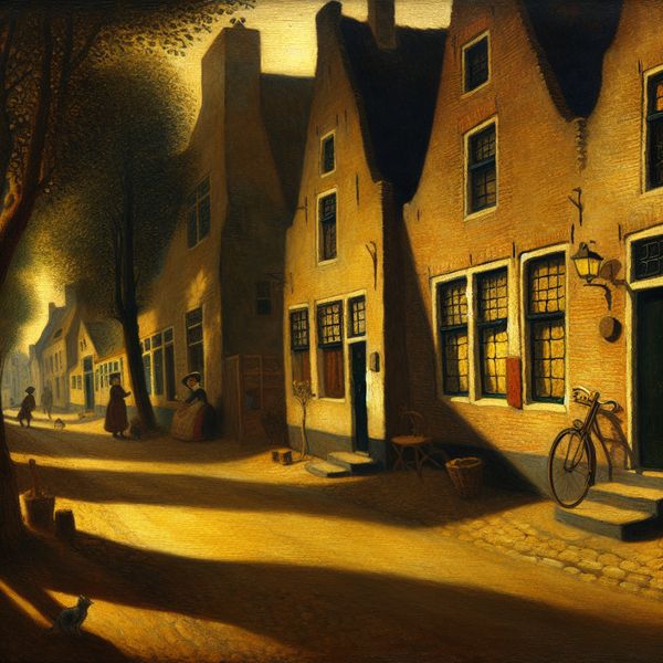 Schilderij van een rustige dorpsstraat in de stijl van Jan Steen, met warme lichten, een fiets tegen een huis en een slapende kat op de vensterbank
