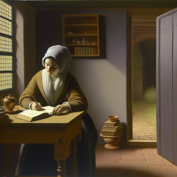 Rustige interieur scene met vrouw die schrijft Een rustige interieur scène met een vrouw die aan een houten tafel zit, notities schrijft bij een halve volle theekop en boeken, met zacht licht van buitenaf.