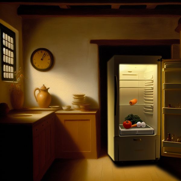 Een rustige keuken met een open koelkast die bijna leeg is, met een enkele wortel, een tomaat en een paar eieren op het aanrecht.