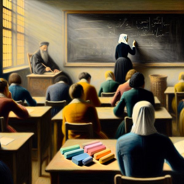Rustige Klas met Krijtbord en Leerlingen Leraren en leerlingen in een rustige klas met een krijtbord en kleurrijke krijtjes, in een serene leeromgeving.