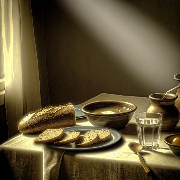 Serene schilderij in Vermeer-stijl van een rustige lunch met vers brood, warme soep en een glas water op een tafel met zacht natuurlijk licht