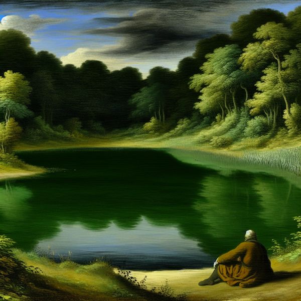Poëet zit stil bij een serene maar in een weelderig groen landschap