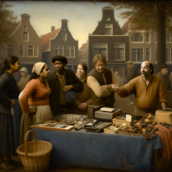 Markttafereel met een vriendelijke verkoper die klanten helpt bij het onderhandelen over tweedehands goederen zoals elektronica en meubels.